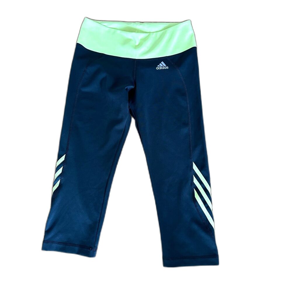 Adidas Capri Leggings Size M Grey/neon Green Stripes